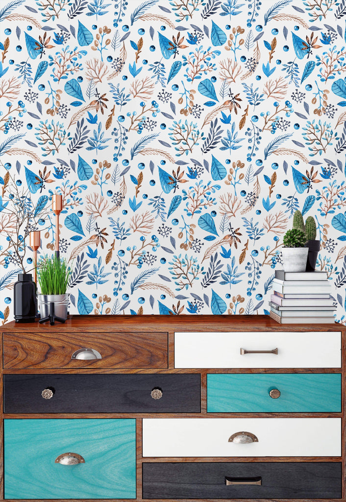 uniQstiQ Floral Spring Blue Watercolor Leaves Wallpaper Wallpaper