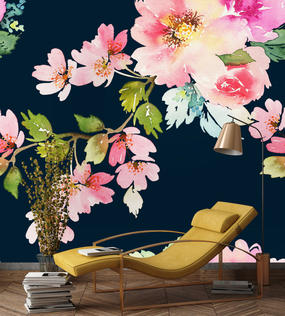 uniQstiQ Murals Spring Floral Watercolor on Dark Background Wallpaper Mural Wallpaper
