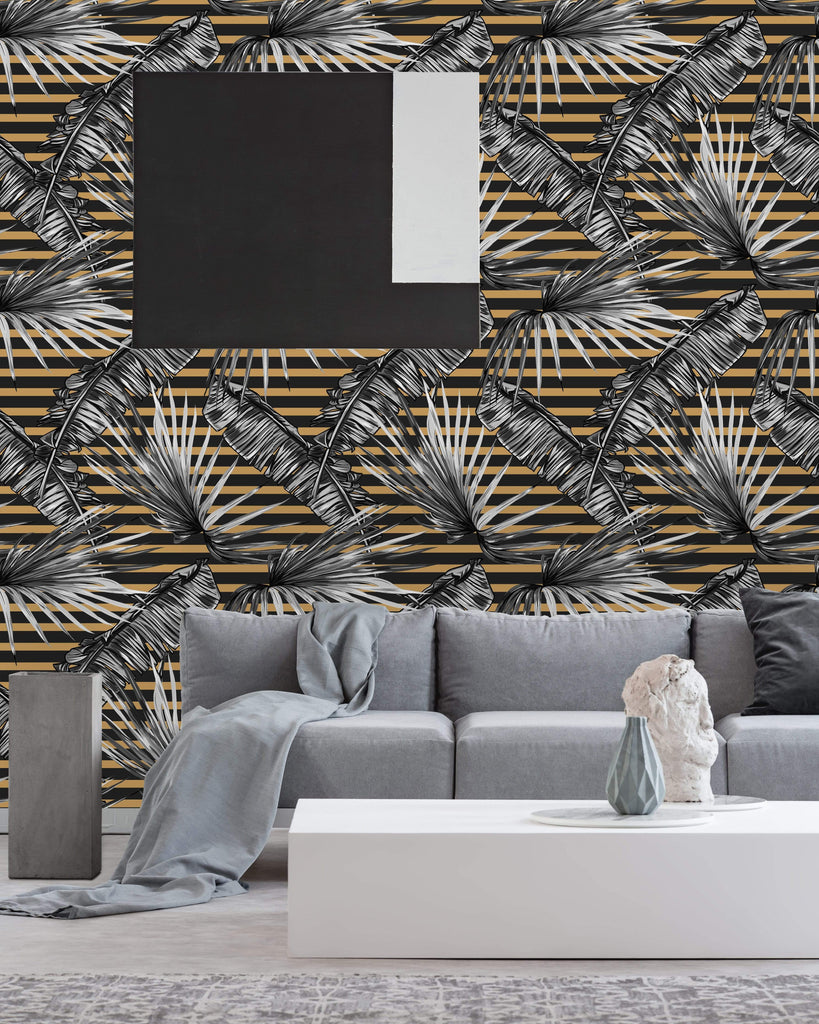 uniQstiQ Tropical Stripes and Tropical Leaves Wallpaper Wallpaper