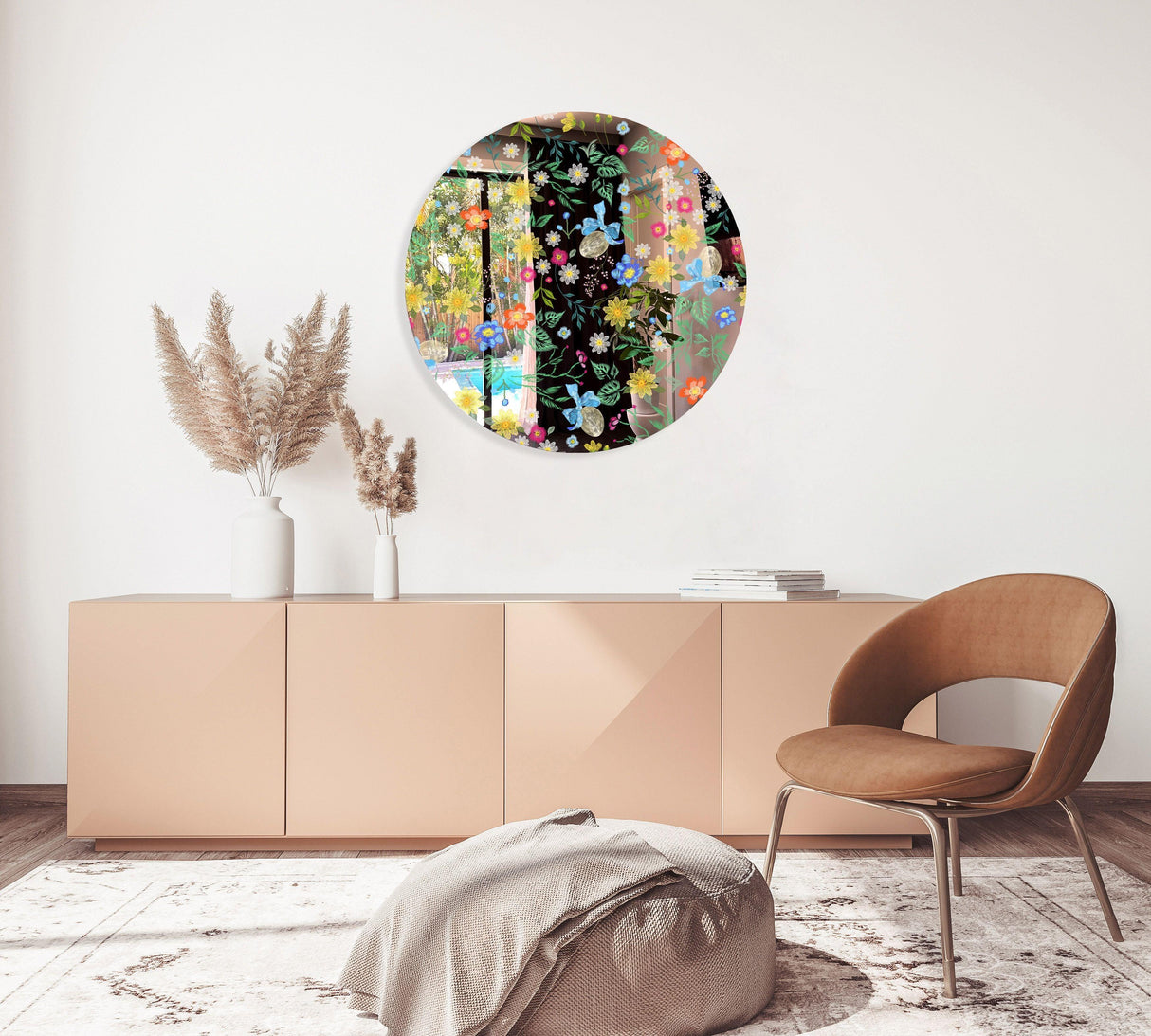 Summer Flowers Mirrored Acrylic Circles Contemporary Home DǸcor Printed acrylic 