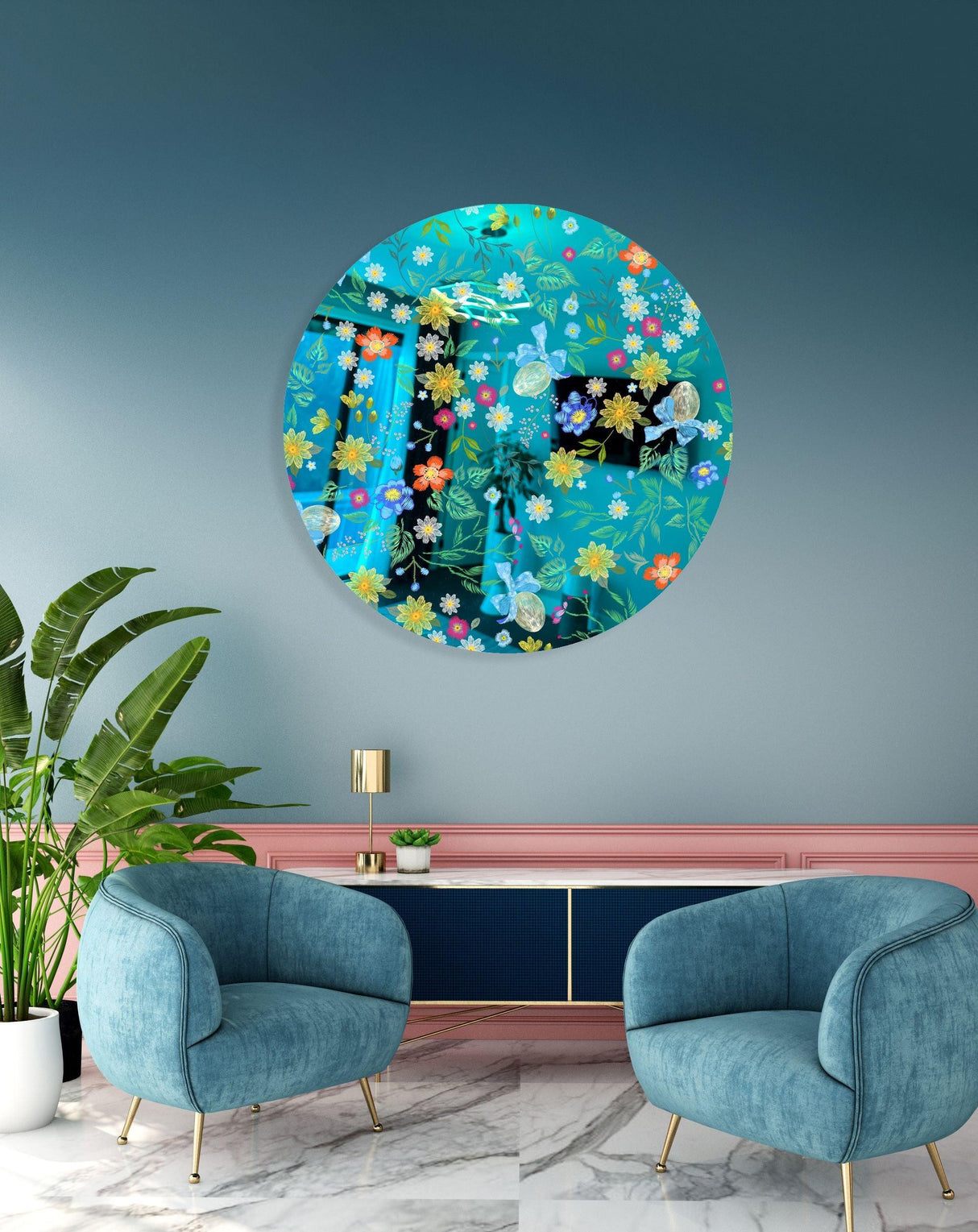 Summer Flowers Mirrored Acrylic Circles Contemporary Home DǸcor Printed acrylic 