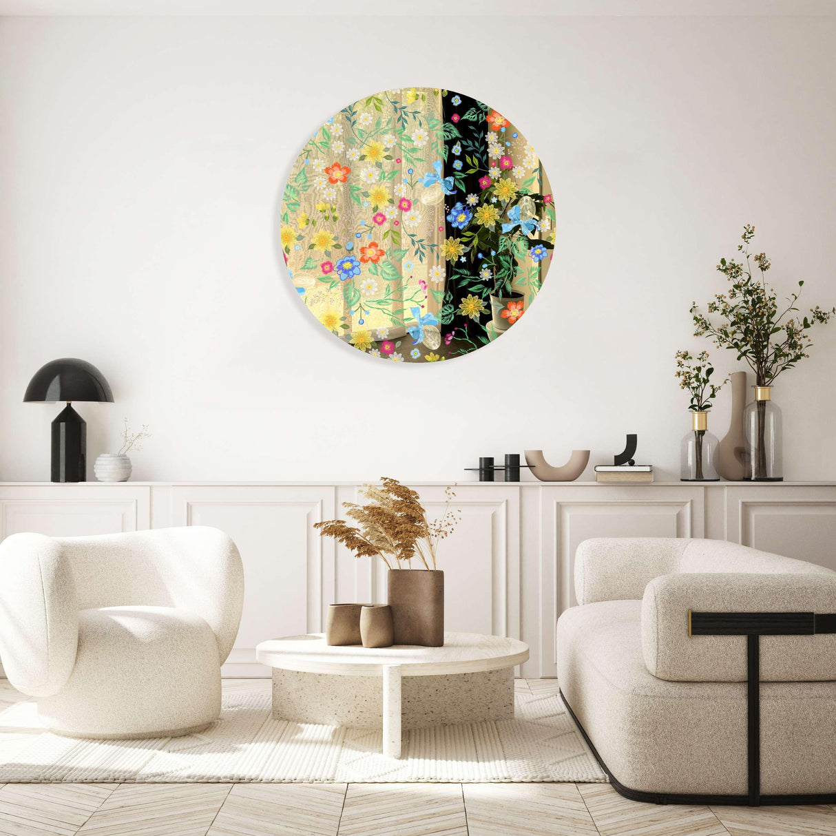Summer Flowers Mirrored Acrylic Circles Contemporary Home DǸcor Printed acrylic 