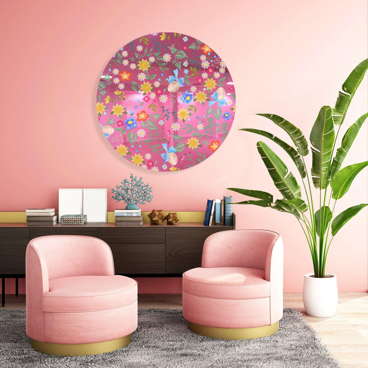 Summer Flowers Mirrored Acrylic Circles Contemporary Home DǸcor Printed acrylic 