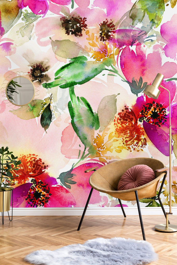 uniQstiQ Murals Summer Pattern with Watercolor Flowers Wallpaper Mural Wallpaper