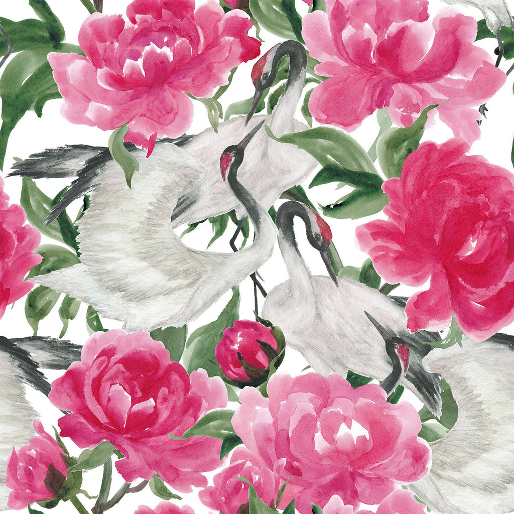 Cranes and Pink Peonies Wallpaper uniQstiQ Floral