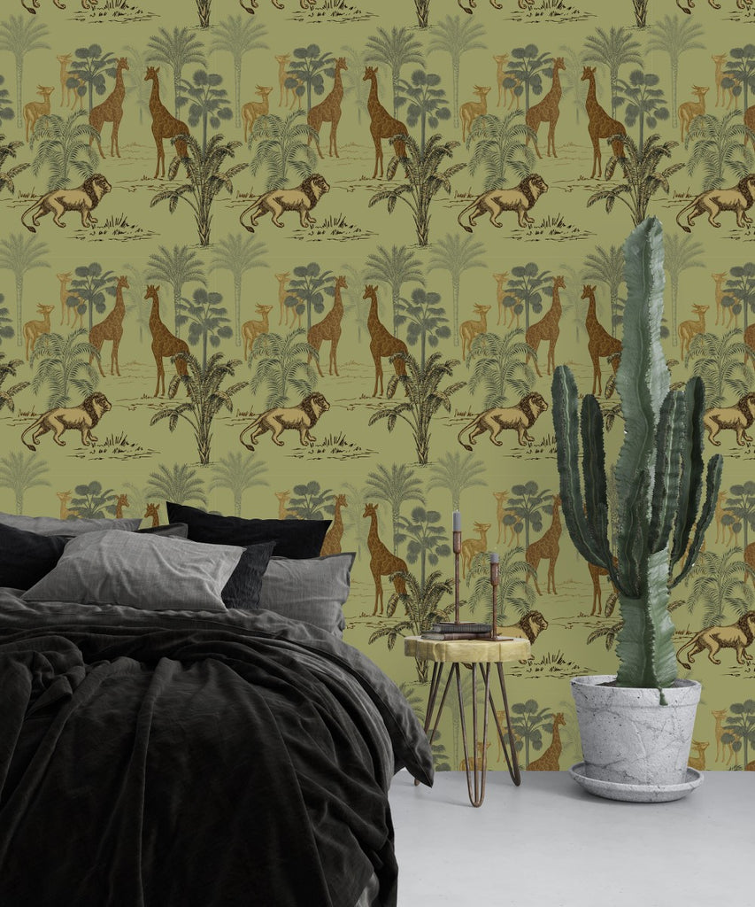 Green Wallpaper with African Animals Pattern uniQstiQ Tropical