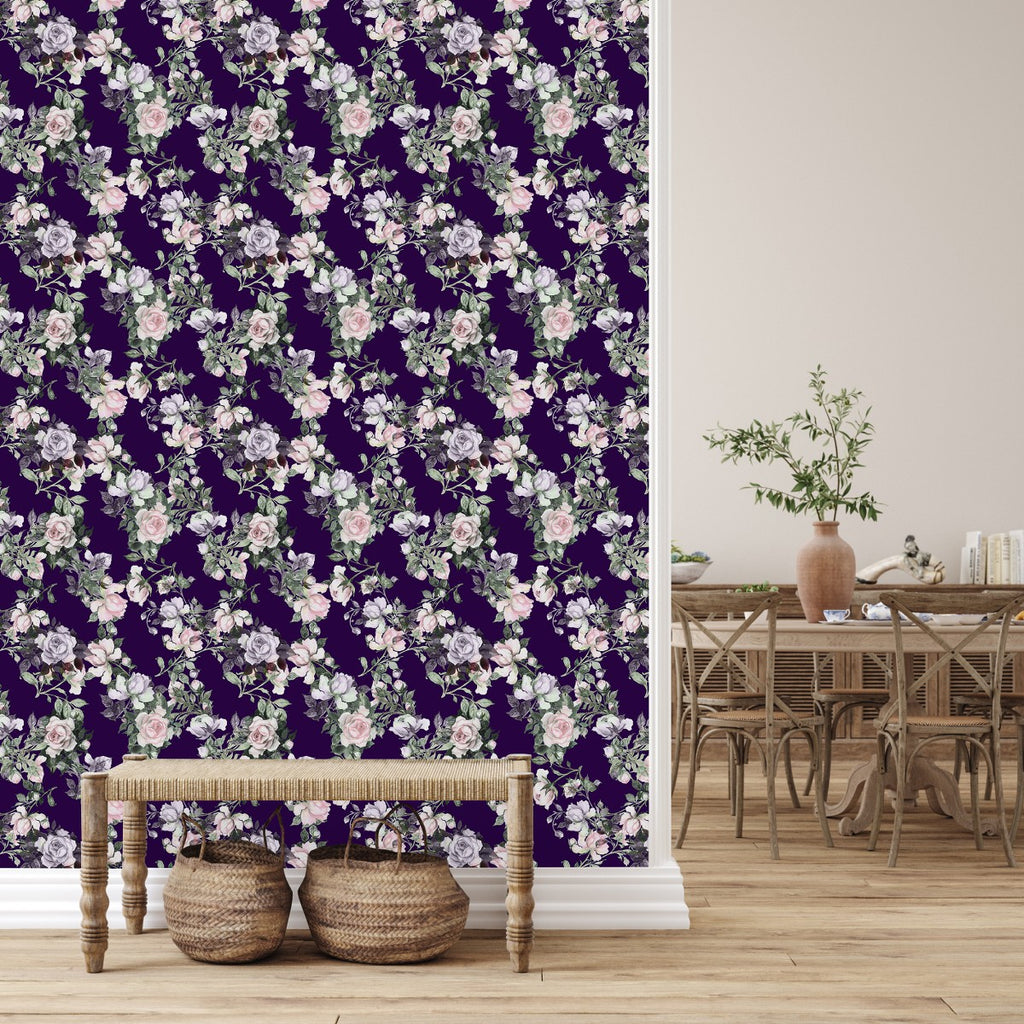 Dark Blue Wallpaper with Roses  uniQstiQ Floral