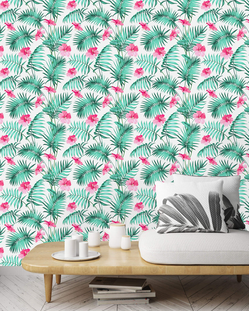 uniQstiQ Tropical Tropical Leaves with Flowers Wallpaper Wallpaper