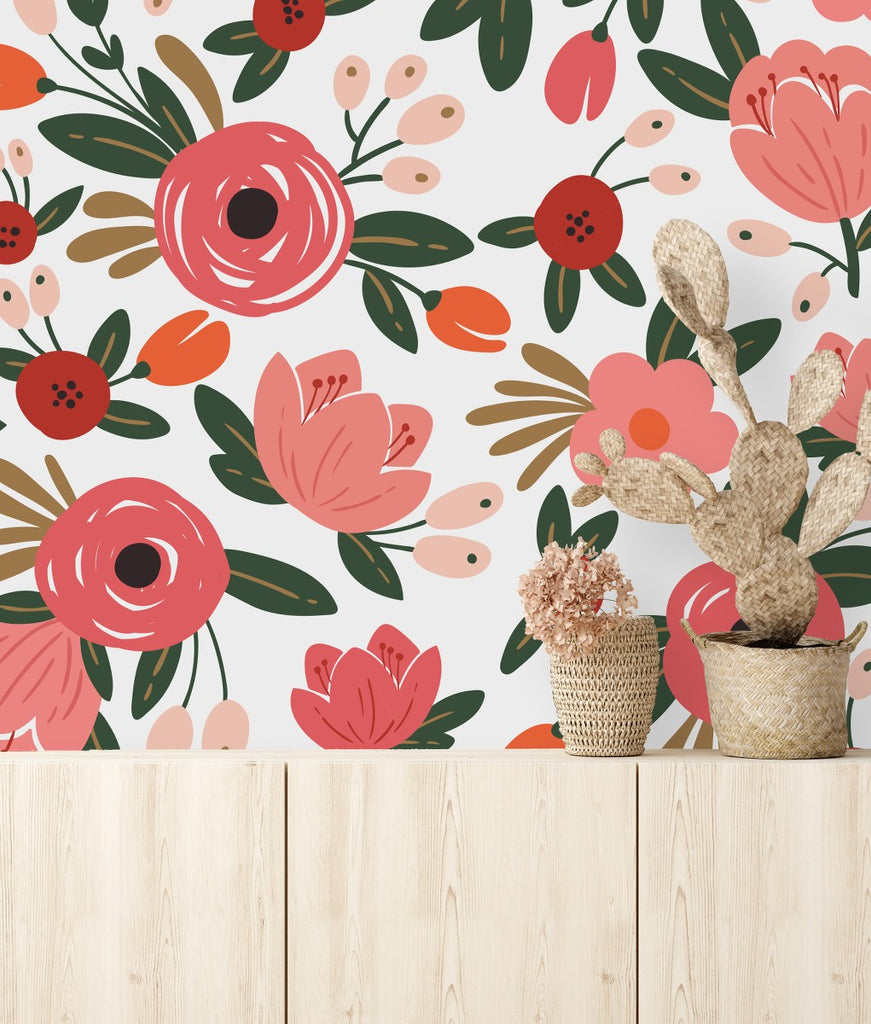 Pink Poppies on White Background Wallpaper