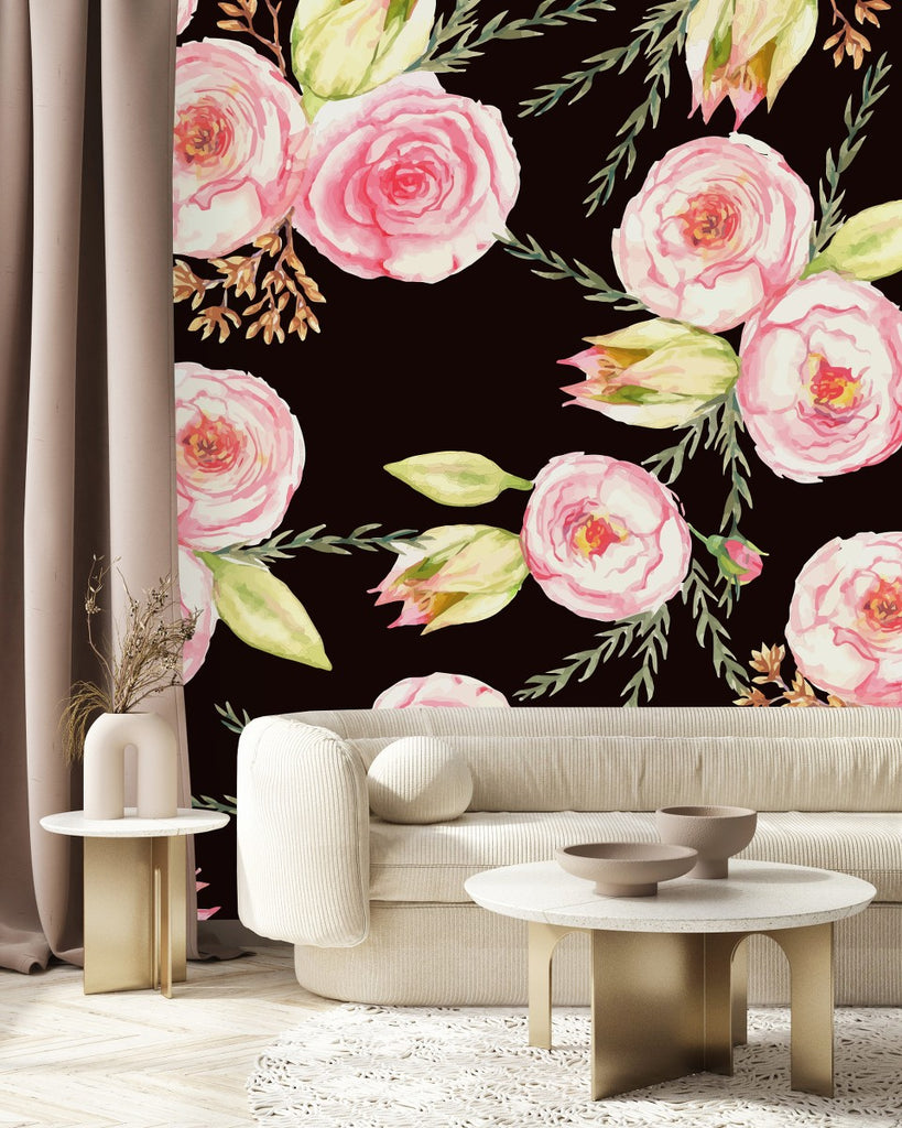 Black Wallpaper with Pink Flowers  uniQstiQ Murals