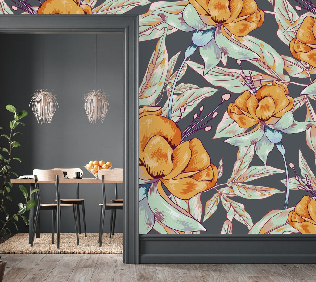 Dark Grey Wallpaper with Orange Flowers  uniQstiQ Murals