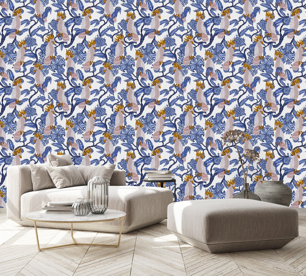 Blue Pattern with Parrots Wallpaper  uniQstiQ Vintage