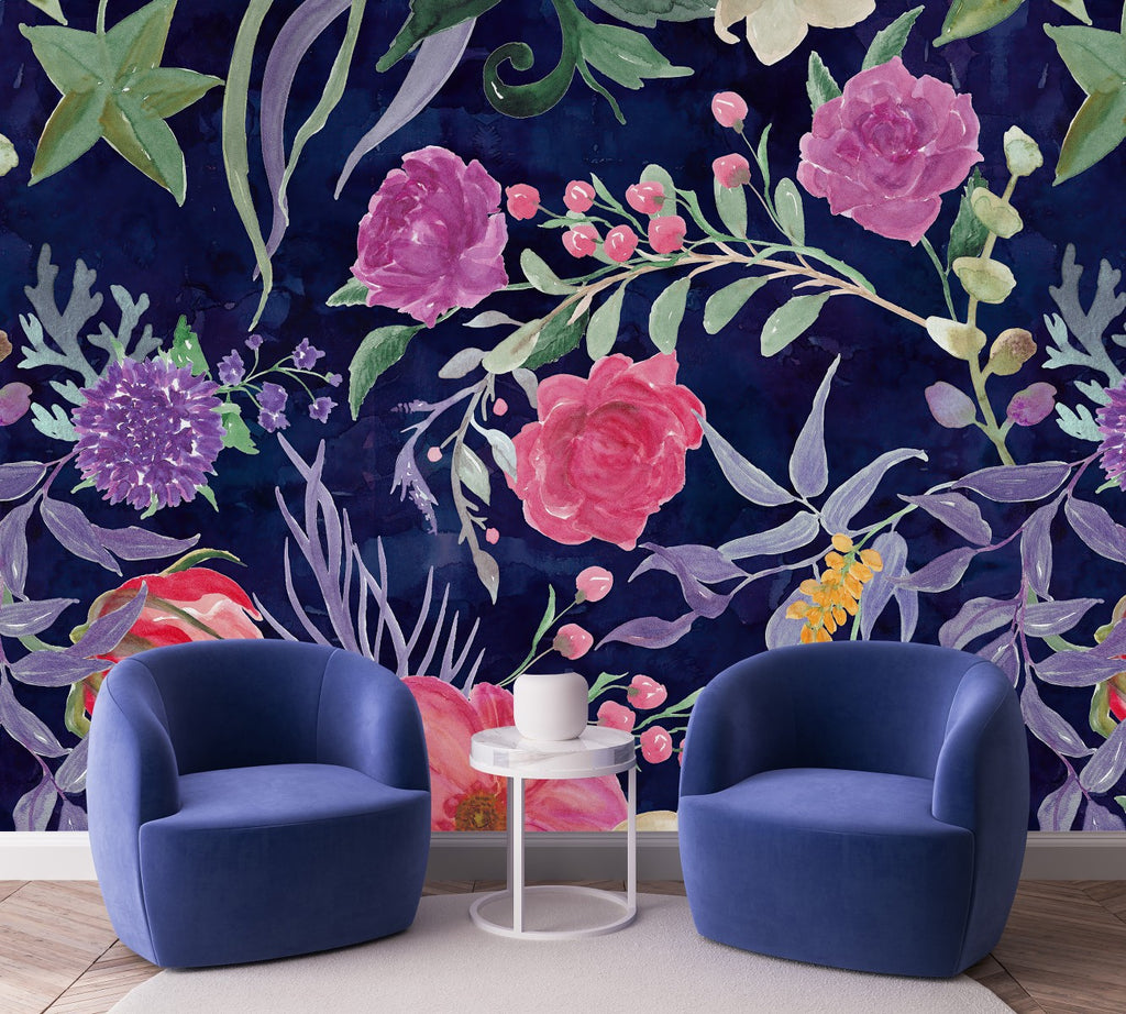 Dark Blue Wallpaper with Flowers uniQstiQ Murals
