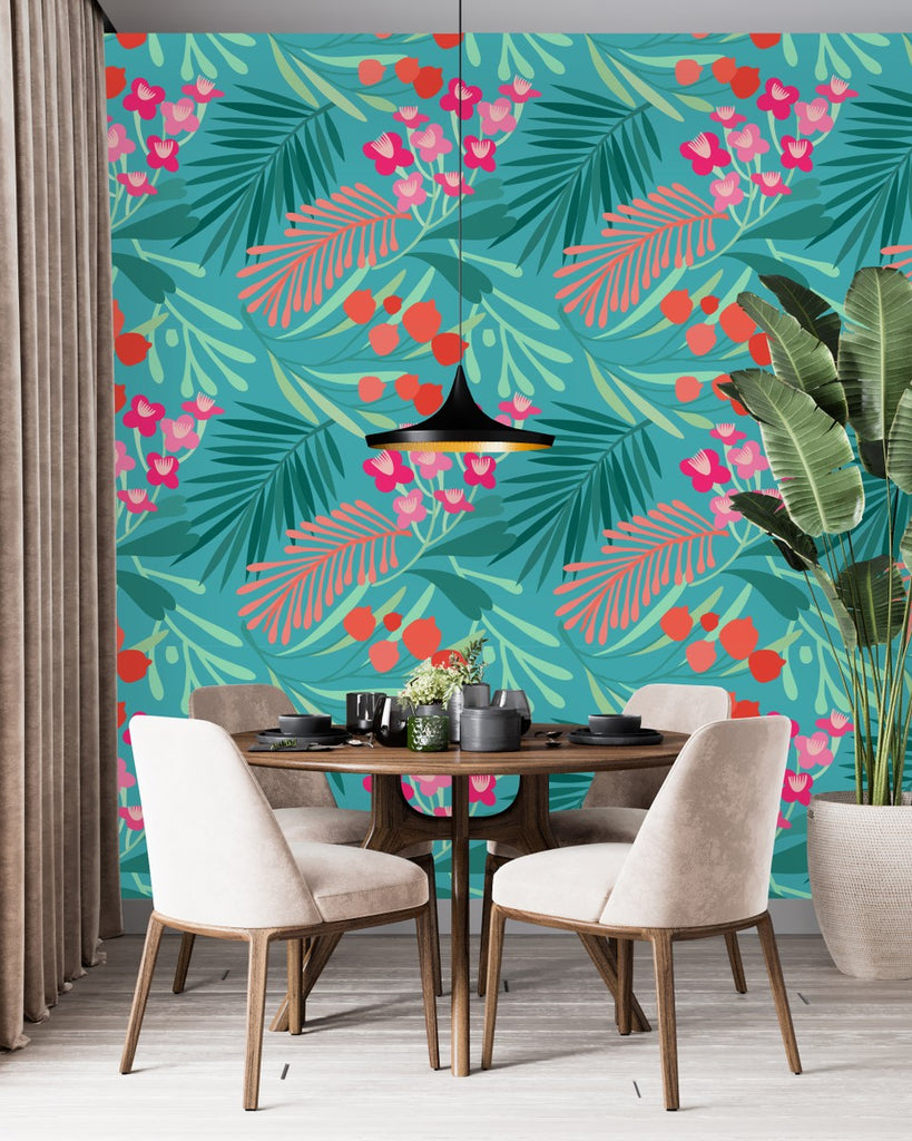 Brightly Flowers and Leaves Pattern Wallpaper uniQstiQ Floral