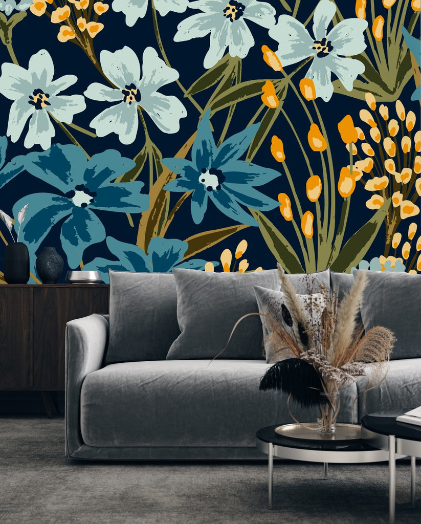 Orange Little Flowers and Blue Flowers Wallpaper uniQstiQ Murals