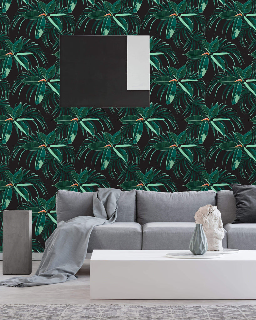 uniQstiQ Tropical Vintage Dark Leaves Wallpaper Wallpaper