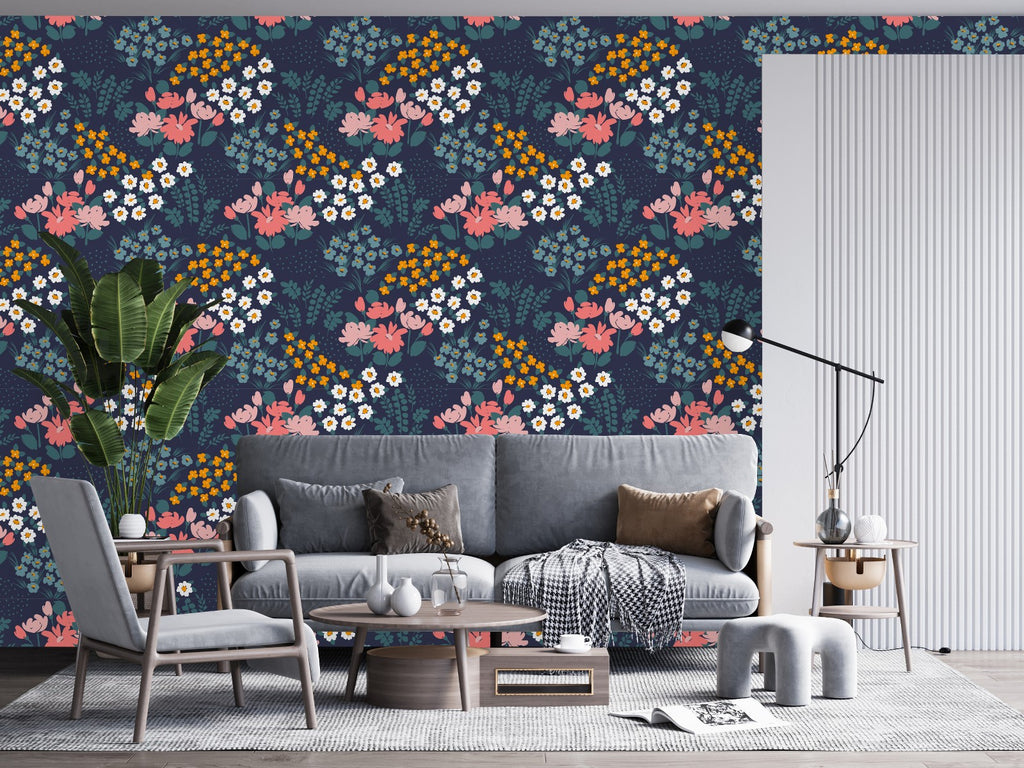 Dark Wallpaper with Brightly Flowers uniQstiQ Floral
