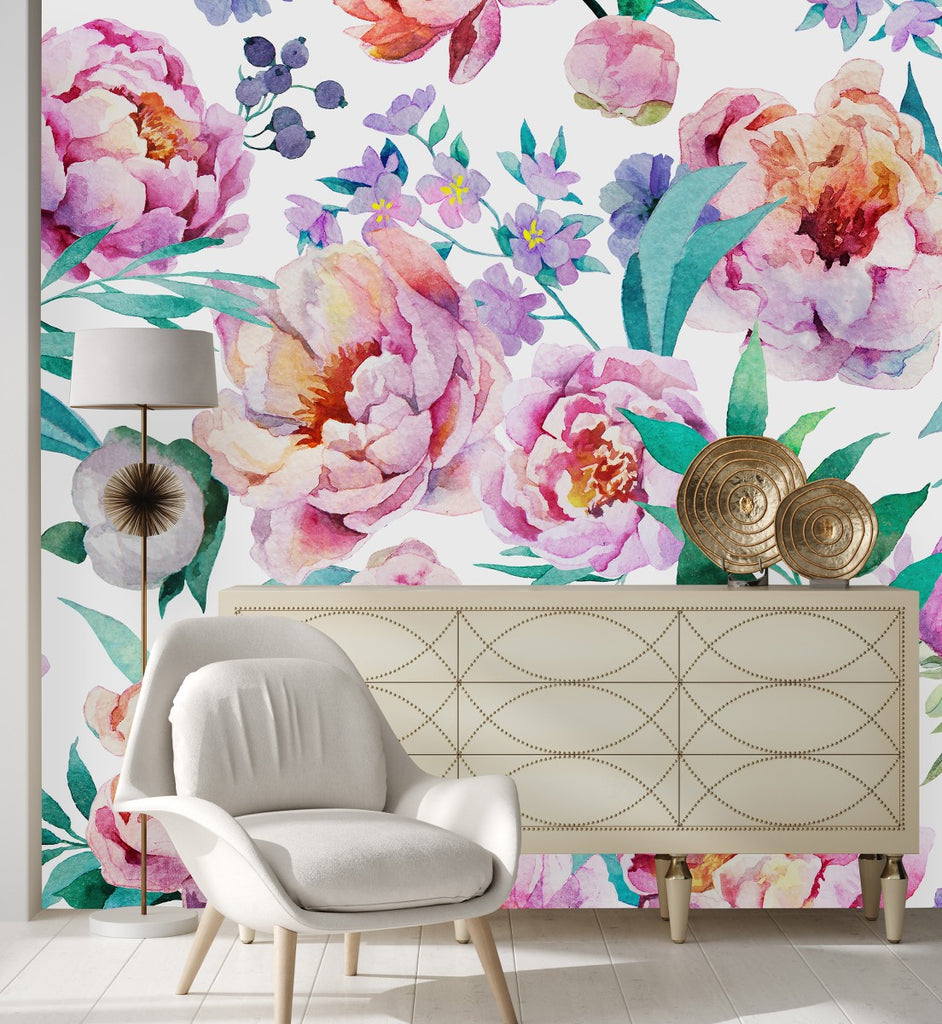 White Wallpaper with Flowers and Berries uniQstiQ Murals