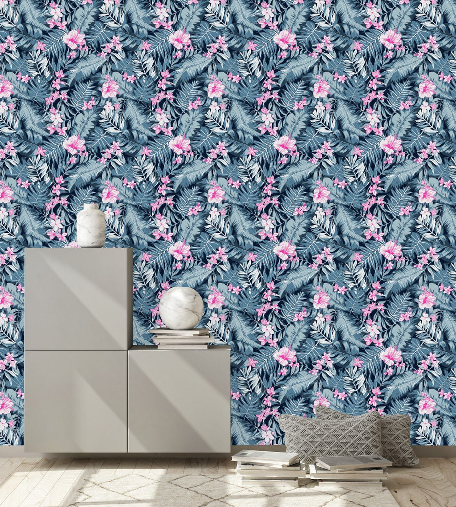 Grey Leaves and Pink Flowers Wallpaper uniQstiQ Floral