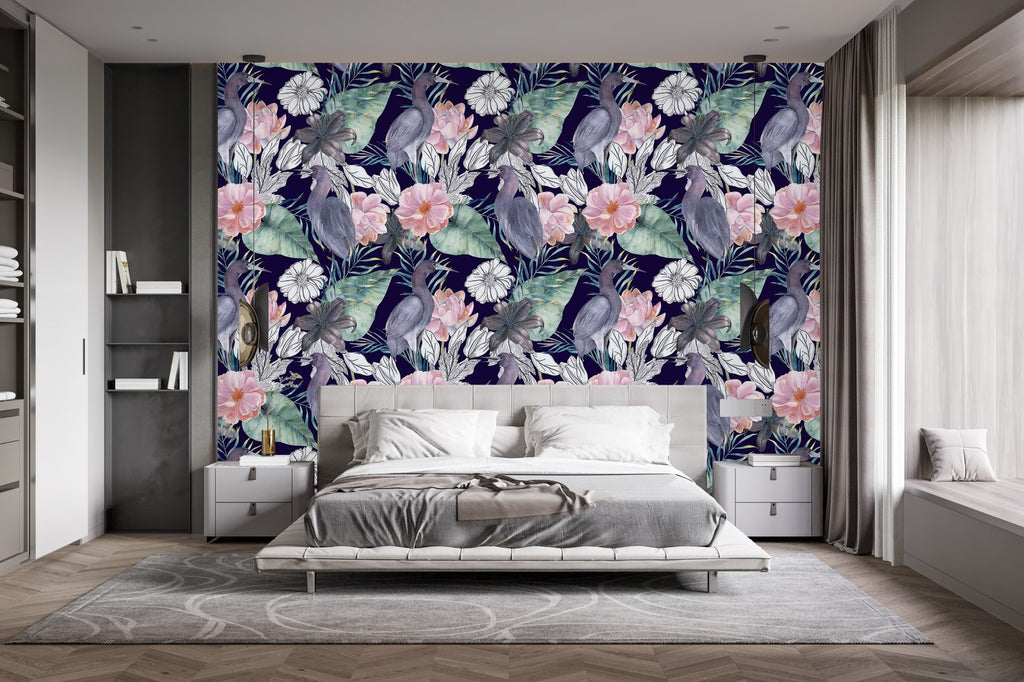 Grey Birds and Large Flowers Wallpaper uniQstiQ Vintage