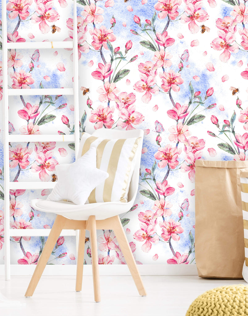 uniQstiQ Floral Watercolor Blooming Pink Sakura Wallpaper Wallpaper