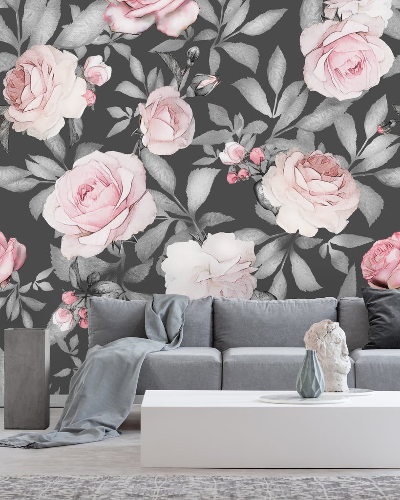 uniQstiQ Murals Watercolor Seamless Pattern with Pink Flowers and Leaves on Gray Background Wallpaper Mural Wallpaper