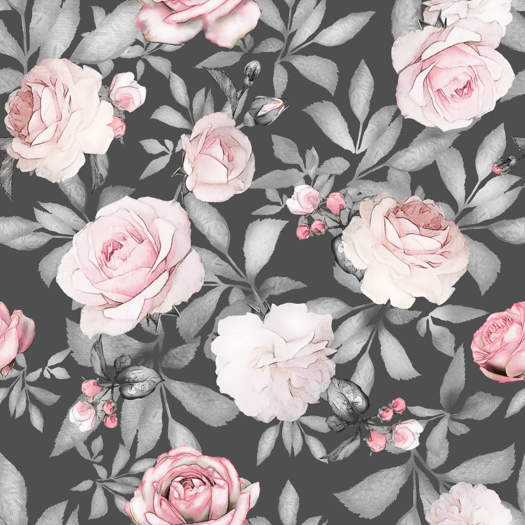 uniQstiQ Murals Watercolor Seamless Pattern with Pink Flowers and Leaves on Gray Background Wallpaper Mural Wallpaper