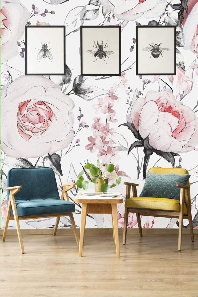 uniQstiQ Murals Watercolor Vintage Floral Art Pink Flowers and Leaves on White Background Wallpaper Mural Wallpaper