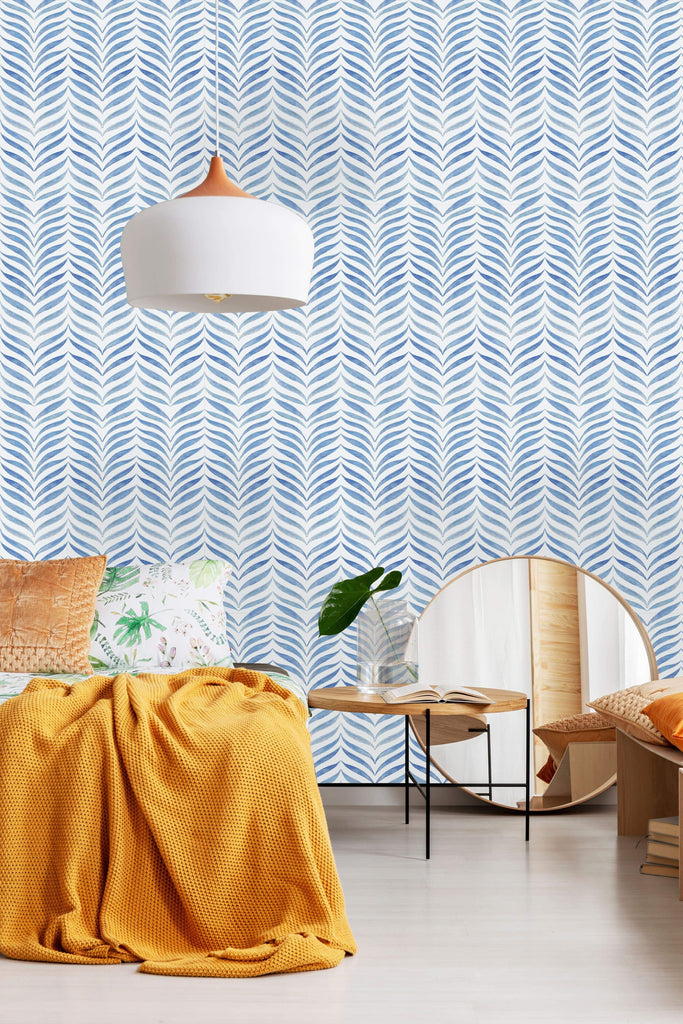 uniQstiQ Geometric White and Blue Watercolor Herringbone Wallpaper Wallpaper