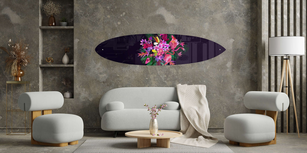 Exotic Flowers and Birds Acrylic Surfboard Wall Art
