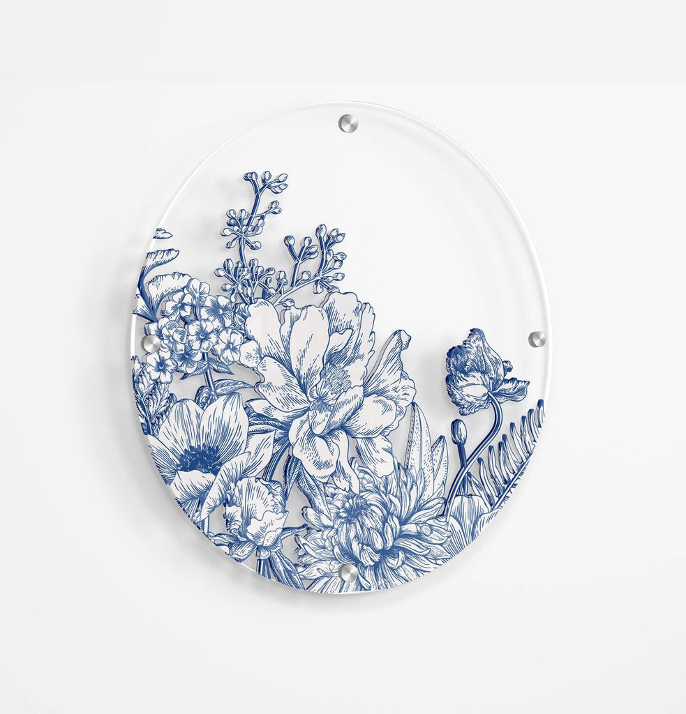 Dark Blue Flowers Printed Transparent Acrylic Circle