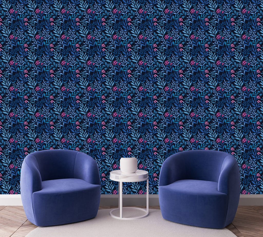 Blue Leaves with Pink Flowers Wallpaper  uniQstiQ Floral