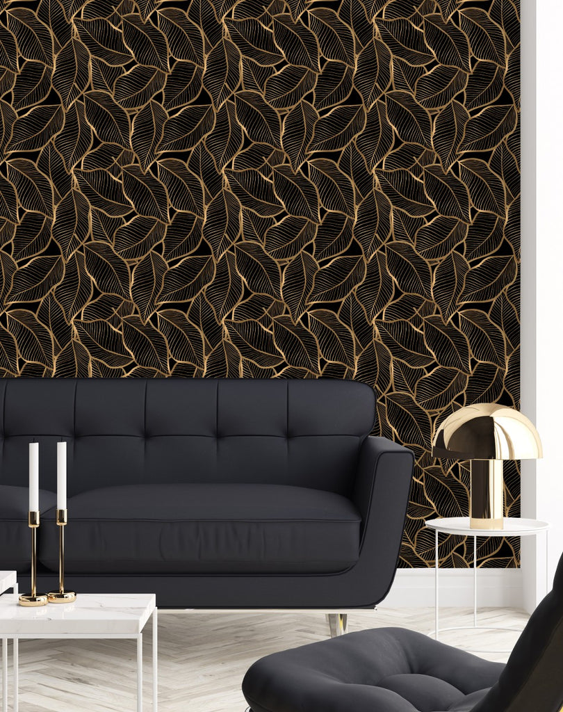 Black Wallpaper with Gold Palm Leaves uniQstiQ Tropical