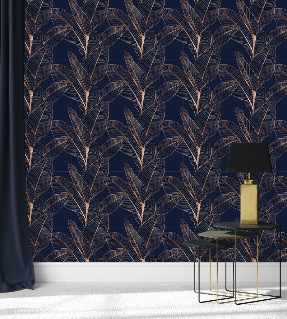 Dark Blue Wallpaper with Gold Leaves uniQstiQ Tropical