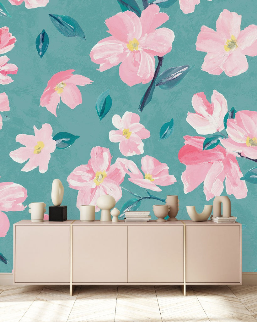 Blue Wallpaper with Pink Flowers uniQstiQ Murals