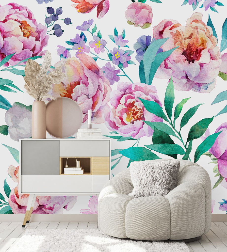 White Wallpaper with Flowers and Berries uniQstiQ Murals