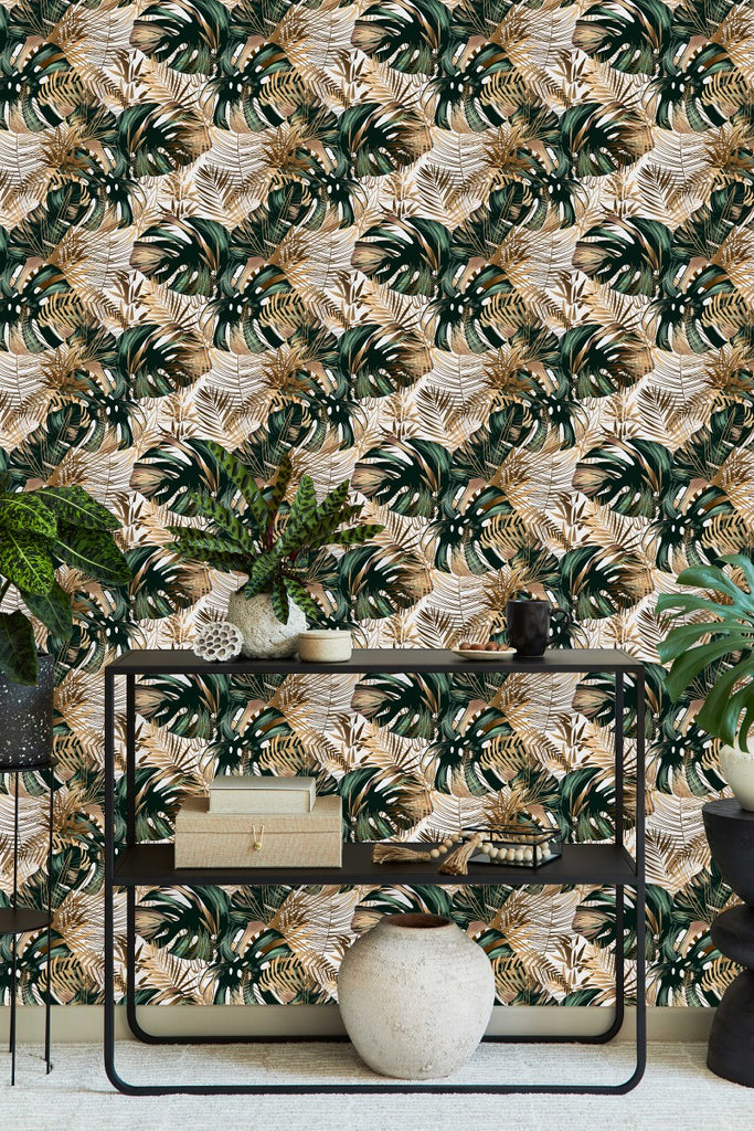 Gold and Green Monstera Leaves Wallpaper uniQstiQ Botanical