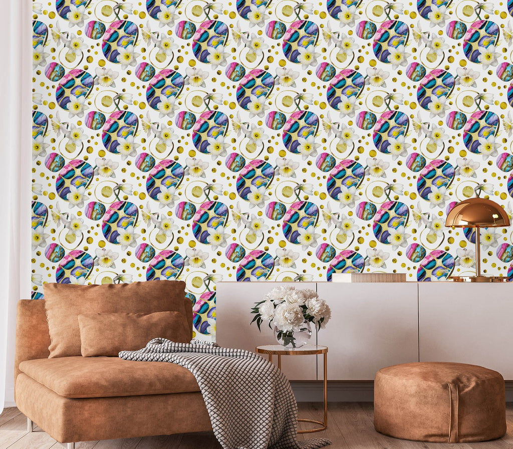 White Flowers and Multicolored Pattern Wallpaper uniQstiQ Geometric
