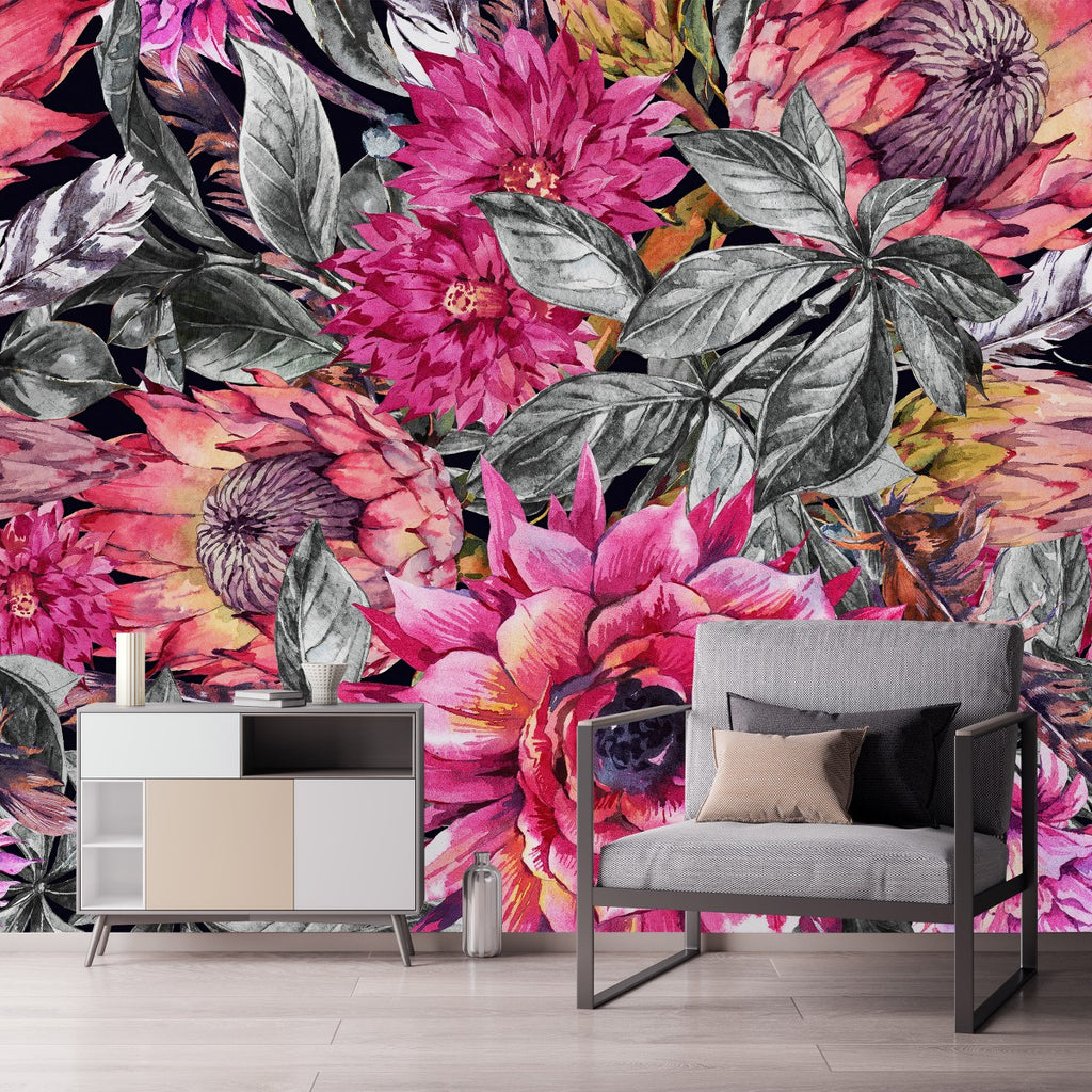 Grey Leaves and Pink Flowers Wallpaper  uniQstiQ Murals